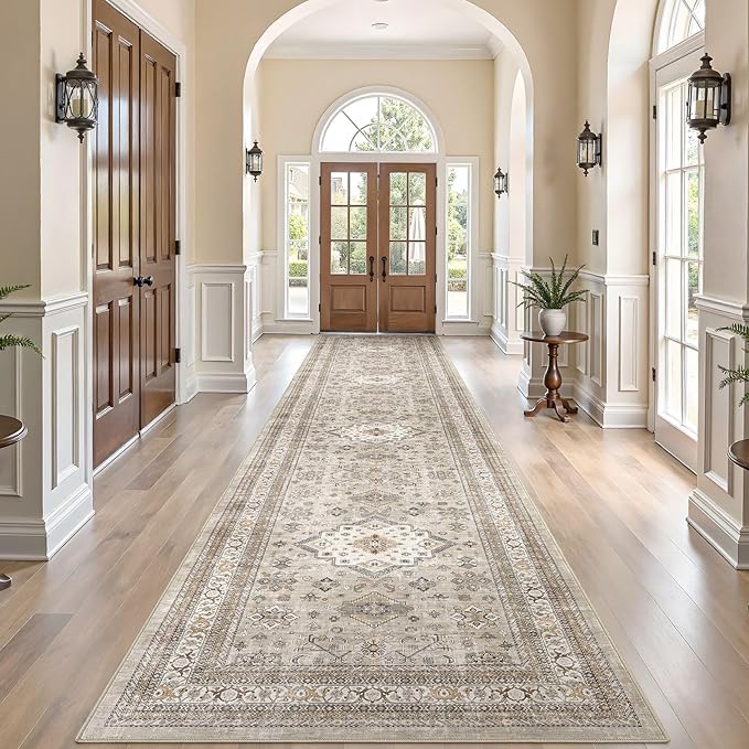 Vintage Hallway Runner Rug 3x12: Large Soft Washable Entryway for Kitchen Laundry Room Non-Slip Backing Runner for Entrance Living Room Bedroom Bathroom - Beige