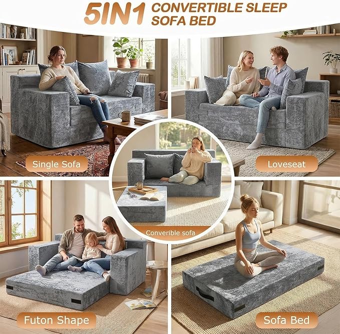 Convertible Sofa Bed, 5 in 1 Small Boneless Couch Pull Out Loveseat Sleeper Sofa,Corduroy Futon Couch Folding Mattress with 4 Pillows for Living Room Bedroom Lounge (No Assembly)