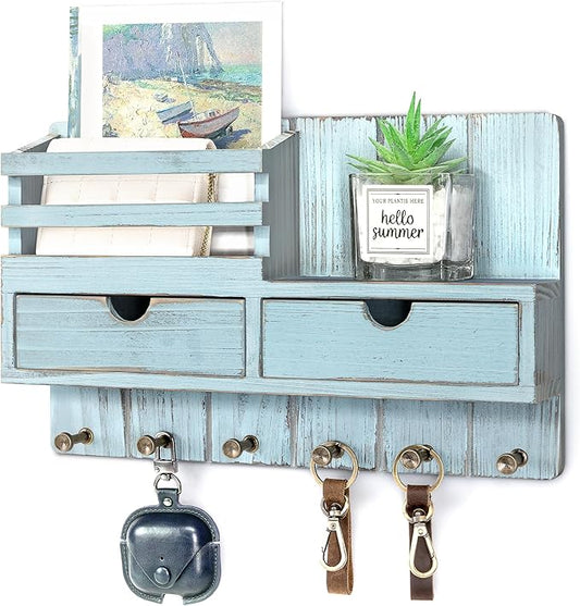 Rebee Vision Decorative Key Holder Wall Mount with 2 Drawer Organizer - Modern Mail Organizer with 6 Key Hooks & Shelf - Home Decor Aesthetic for Apartment Essentials (Distressed Blue)