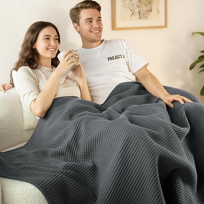 Exclusivo Mezcla 100% Cotton Waffle Weave Blanket King Size, Soft, Lightweight and Breathable Muslin Gauze Blanket for Bed, All Season, 90"x104", Dark Grey