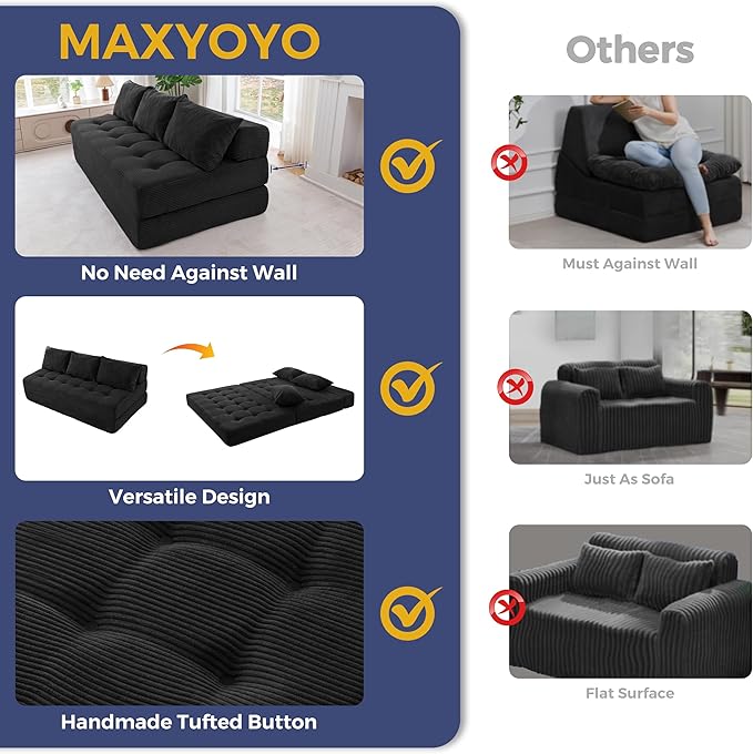 MAXYOYO Folding Sofa Couch, Convertible Floor Sleeper Couch with 3 Pillows, Tufted Floor Oversized Loveseat Couch Tufted Fold Out Chair Bed Comfy Sofa Lounge for Living Room Bedroom, Black