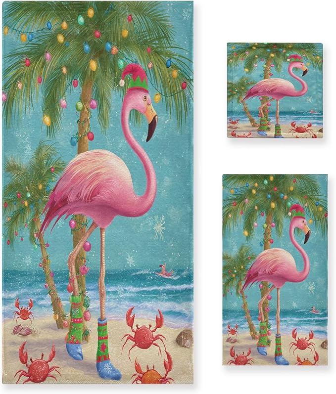 Christmas Winter Towels Set of 3 Christmas Tropical Flamingo Palm Tree Crab Bathroom Towel Soft Absorbent Bath Hand Towels Washcloth Guest Towel Sets Xmas Holiday Decor