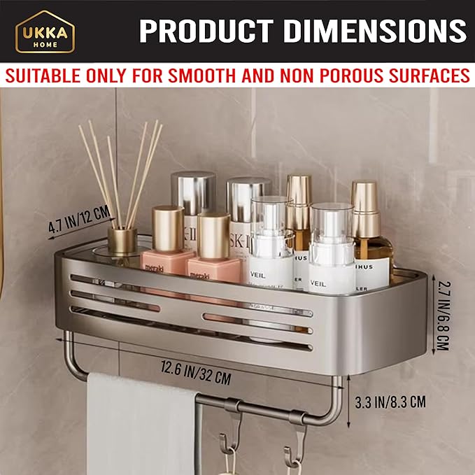Suction Cup Square Shower Caddy with Hooks and Towel Bar for Bathroom. Aluminum, Reusable, Rustproof, No Drill, No Tools, No Glue. Multifunctional, Hang Towel, Loofah, Sponge (2 Pack, Gray)
