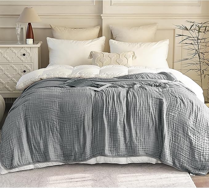 SANACYNA Muslin Blankets 100% Cotton 6-Layer Gauze Gray Grid Bed Blanket Lightweight Soft and Breathable King Blanket for Sofa Bed Coverlet Both Sides (Grey, Baby 30"x40")