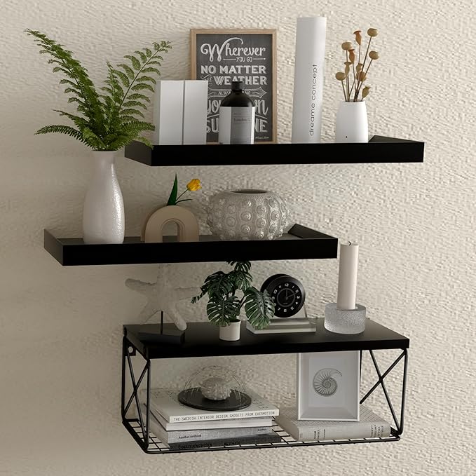 Floating Bathroom Shelves with Wire Storage Basket, Wall Mounted Shelf Over Toilet, 3+1 Tier Wall Decor Small 15.7 Inch Set of 3(Black)
