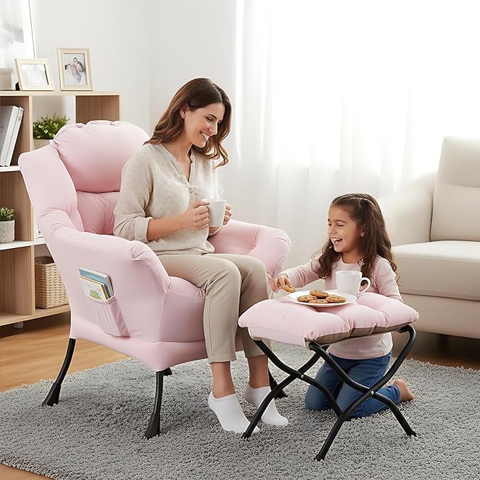 Welnow Lazy Chair with Ottoman, Modern Reading Lounge Accent Chair with Armrests and a Side Pocket, Leisure Upholstered Lazy Sofa Set with Footrest for Small Space