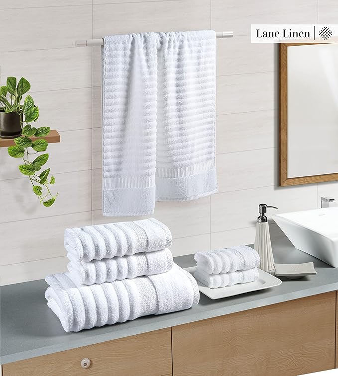 LANE LINEN Bath Towel Set - 6 Piece Cotton Towels - Softer, Highly Absorbent & Fast Drying Towel - 2 Bath, 2 Washcloths, 2 Hand Towels for Bathroom - Hotel Quality, Ideal for Spa & Travel - White