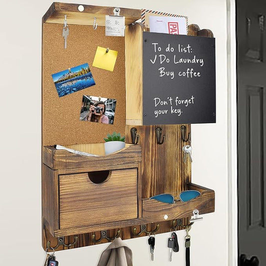 Key Holder Wall Mount， Mail Organizer Key Holder for Wall with Shelf, Drawer, Chalkboard, Corkboard, Home Decor Wall Mounted for Room Entryway(Natural Wood)