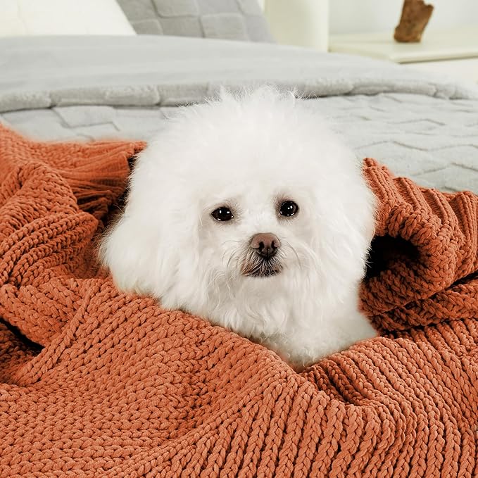 Chenille Knit Throw Blanket 50x60 - Burnt Orange Cozy Blanket for Couch & Sofa