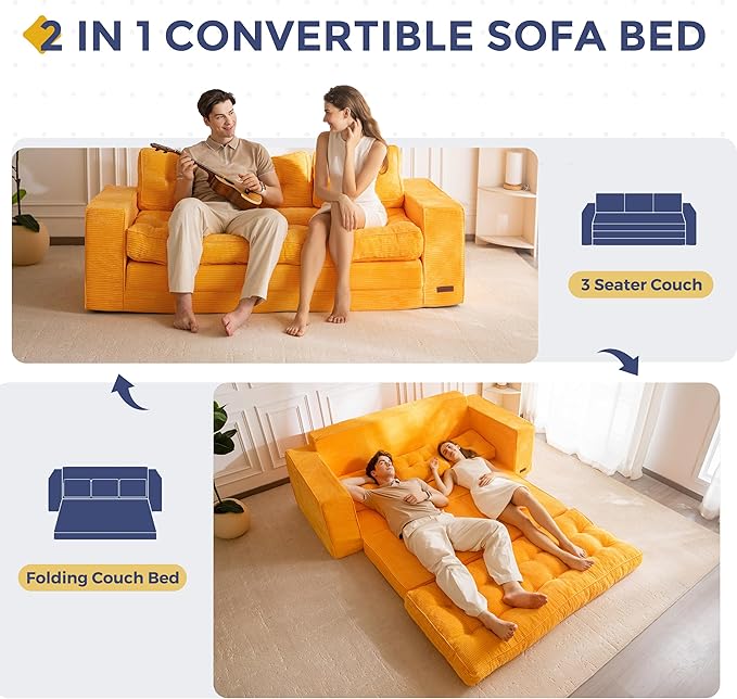 MAXYOYO Convertible Sofa Bed, Pull Out 3 Seater Sleeper Sofa, 2 in 1 Folding Couch Bed, Fold Out Floor Couch with Pillows for Living Room Bedroom Lounge, Orange