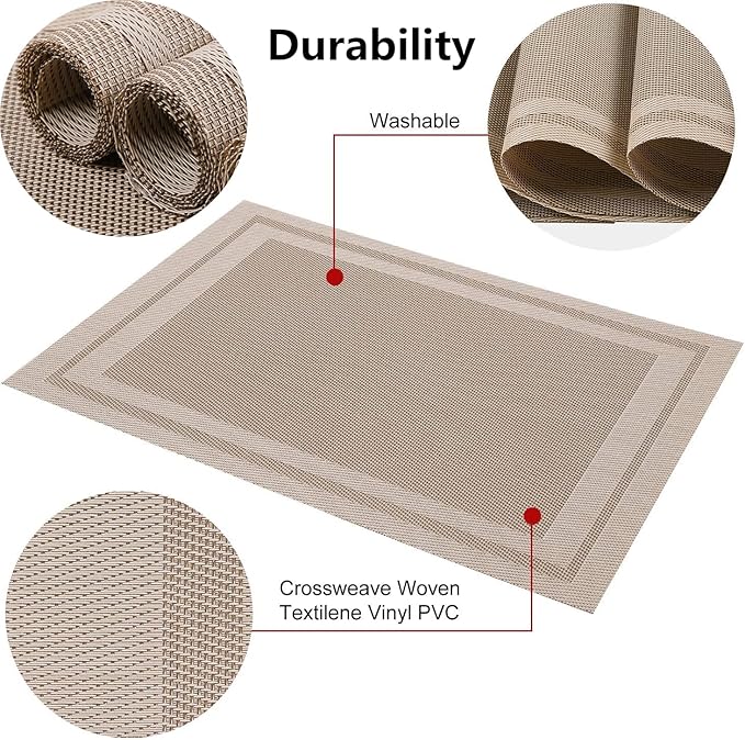 Placemats, Washable PVC Table Mats, Woven Vinyl Placemat for Dining Table Place Mats Set (6 Placemats and 1 Table Runner, Beige-Frames)
