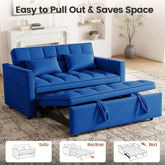 Convertible Sofa Bed, Love Seat Sleeper Bed with Side Pockets, 3 in 1 Velvet Fabric Pull Out Couch with Adjustable Backrest for Living Room, Bedroom, Apartment, Blue