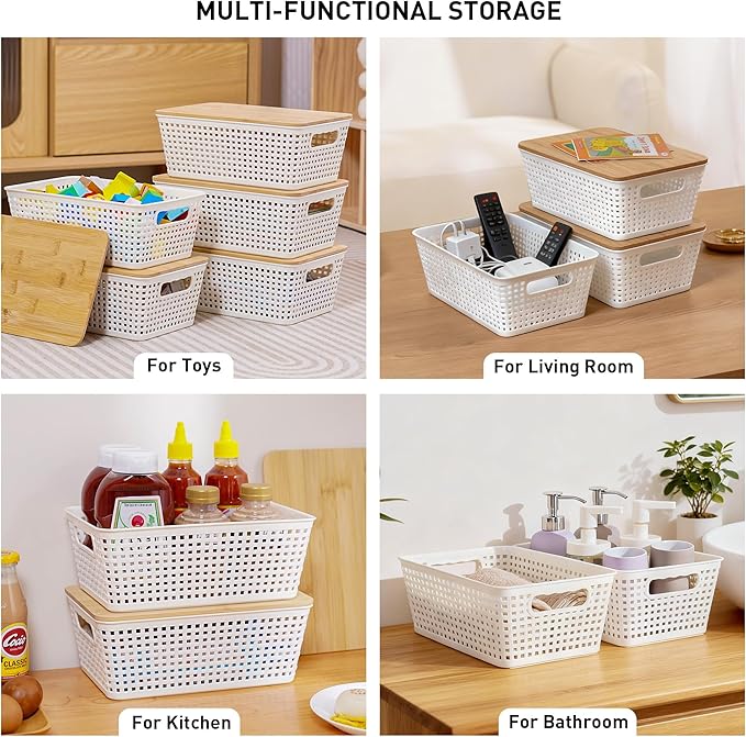 Small Storage Bins with Lids 6 Packs, Plastic Storage Basket with Bamboo Lid for Pantry Organization and Storage Containers for Shelves Drawers Desktop Closet Playroom Office Home, White