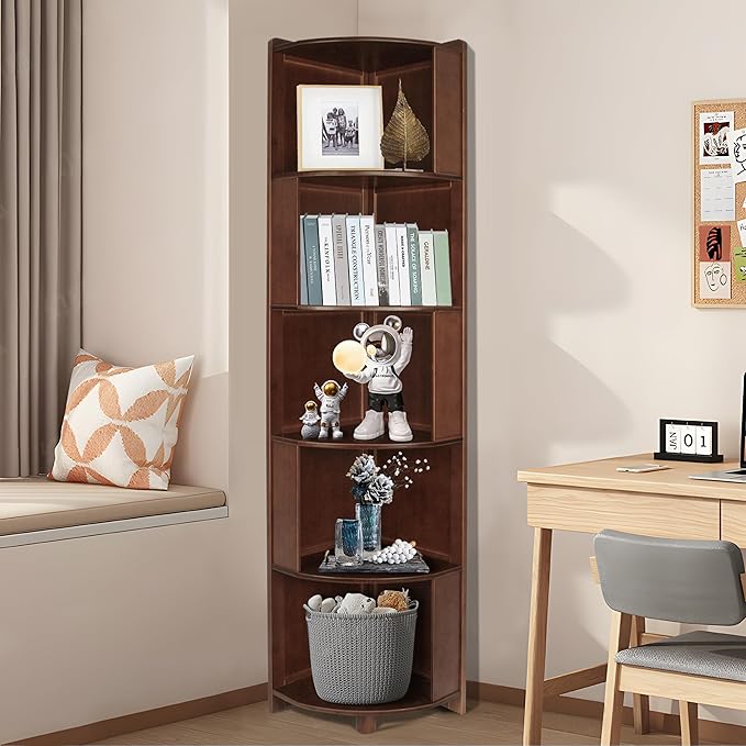 DOUSY-5 Tier Bamboo Corner Shelf, Mid Century Modern Corner Bookshelf, 69" Tall Stylish Bookcase Display Rack Plant Stand for Living Room, Bedroom, Home Office, Kitchen, Walnut