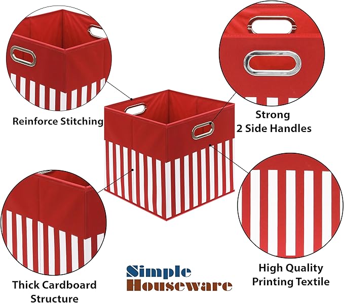 SIMPLE HOUSEWARE 13-Inch Collapsible Fabric Cube Storage Bin with Handles, Printed Design, 3 Pack, Red