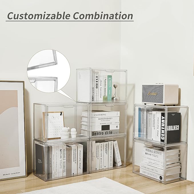 Cube Storage Organizer Acrylic Book Case Display Case Box Stackable Book Storage Containers With Magnetic Door Clear Plastic Portable Organizer For Living Room Bedroom 3 Pack