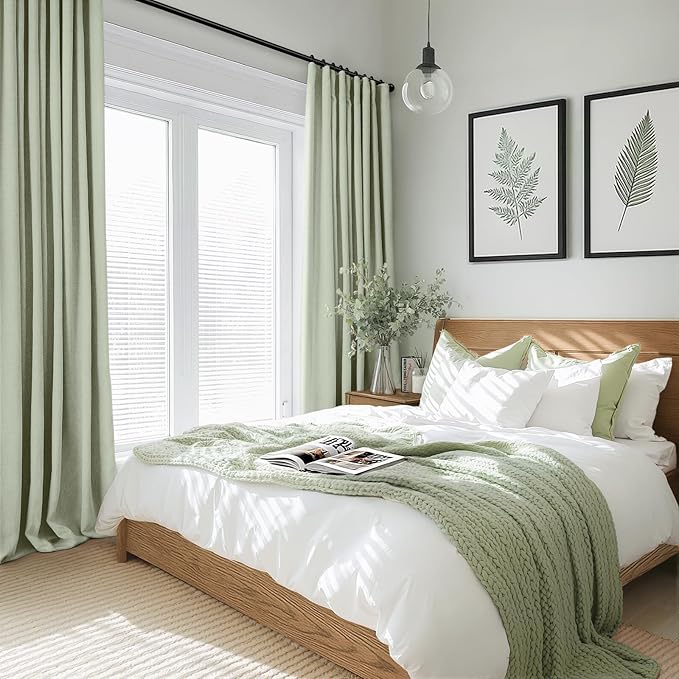 INOVADAY 100% Blackout Curtains for Bedroom, Black Out Curtains 90 Inch Long, Clip Rings Linen Blackout Drapes, Thermal Insulated Room Darkening for Living Room, 2 Panels - Sage,W50xL90
