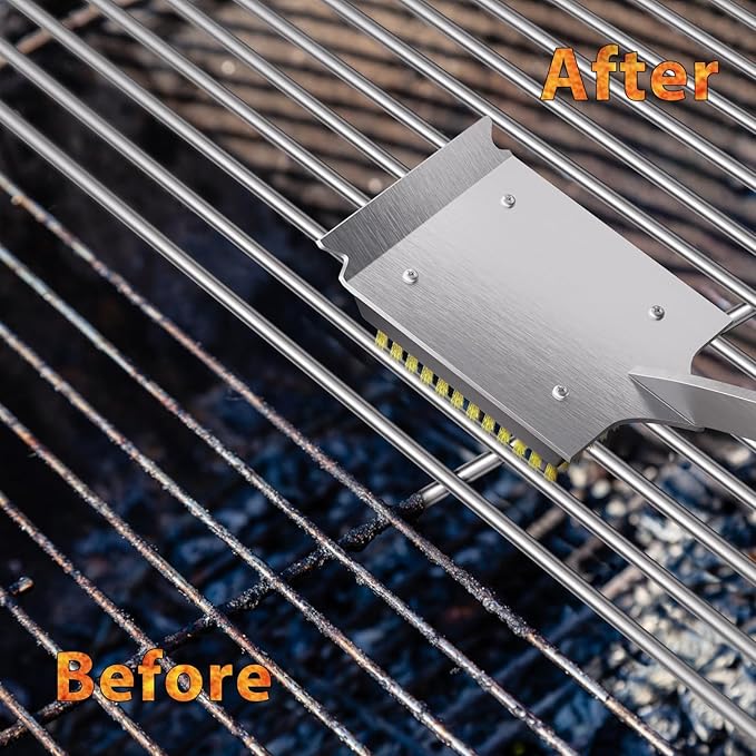 Grill Brush and Scraper for Barbecue, 17" Grill Brush for Outdoor Grill, Extended Rosewood Handle and 2 Replaceable Copper Wire Brush Heads, Grill Cleaning Brush Grill Accessories for Most Grill