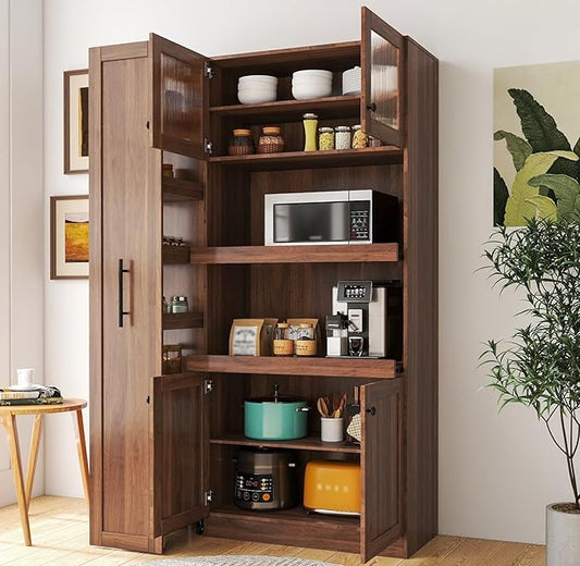 KEIKI 70.87" Tall Kitchen Pantry Storage Cabinet with Pull-Out Multi-Tier Shelf, Countertop, Glass Doors, Microwave Stand, Freestanding Wood Hutch Food Pantries Cupboard for Coffee Bar, Dining Room