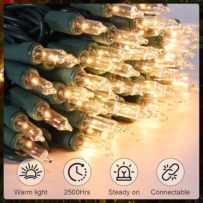 Christmas Lights 2 Pack 50 Count Clear Mini Lights Green Wire UL Certified Connectable Warm White String Lights for Christmas Decor (2 PCS 50 Count)