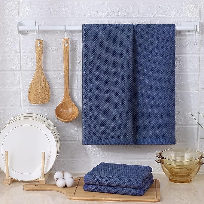 Kitinjoy 100% Cotton Waffle Weave Kitchen Hand Towels (13 X 28 Inches, Navy Blue), 12-Pack Super Soft and Absorbent Dish Towel for Drying Dishes
