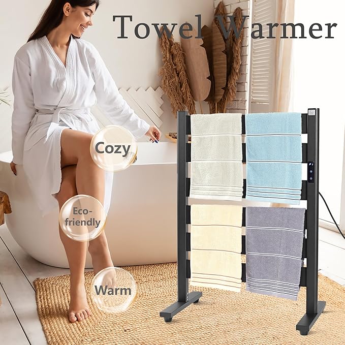 Heated Towel Racks for Bathroom, Towel Warmer Rack, 6-Bar, Upgraded Extra-Wide Heating Area, Built-in Timer and Temperature Adjustment, Large Free-Standing Heated Towel Rack，Matte Black