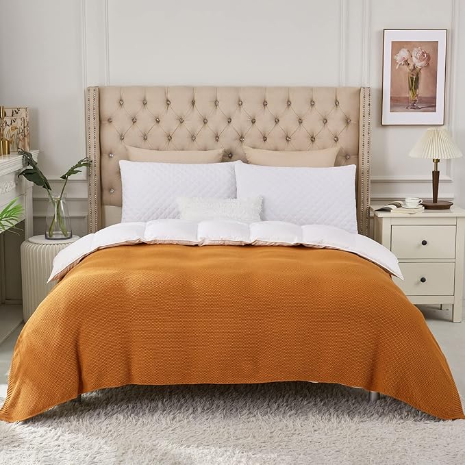 Longhui bedding Burnt Orange Cotton Cable Knit Throw Blanket for Couch Sofa Chair Bed Home Decorative, 3.4 Pounds 60 x 80 Inch Woven Throw Blankets with Bonus Laundering Bag