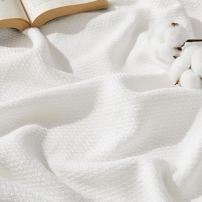 Bedsure GentleSoft 100% Cotton Blanket Twin XL Size for Bed - Breathable and Lightweight, Soft Cozy Textured Herringbone Woven Summer Blanket for College Dorm, White, 66x90 inches
