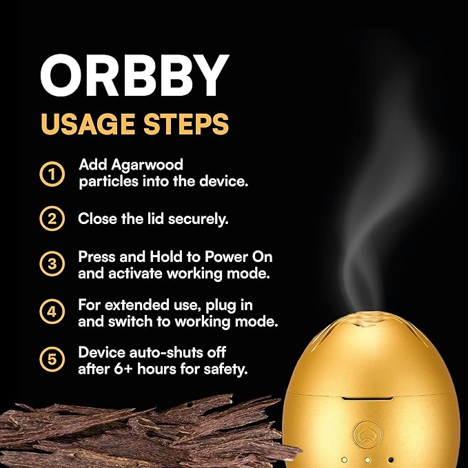 Orbby Scent Diffuser Starter Kit | Portable Small Desk Diffuser for Office: Electric Incense Device, Cordless Pet Safe Air Freshener for Home – Flameless (Gold with 1g Agarwood Pellets)