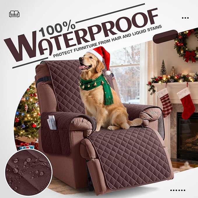 KinCam 100% Waterproof Recliner Chair Cover, Reclining Couch Covers for Pets, Dogs, Recliner Couch Slipcover Furniture Protector with Elastic Straps for Kids(25", Coffee)