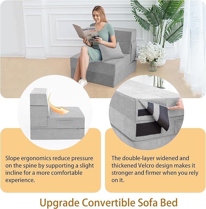 Sofa Bed Foldable Mattress ，Folding Sleeper Sofa Chair Bed Floor Mattress with Pillow for Living Room Home Office (Light Gray, Single)