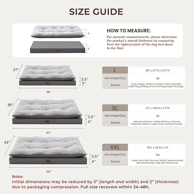 Washable Dog Bed for Medium Large Size Dog, Plush Pillow Pet Bed with Leather Egg-Crate Foam Base, Waterproof Kennel Bed with Removable Cover, 55" x 42" Comfort Cushion Bed, Dark Grey