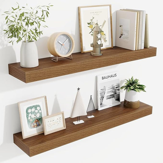 Fun Memories Bathroom Shelves 32 Inch Long Set of 2, Floating Shelves for Wall with Invisible Brackets, for Bedroom, Living Room, Kitchen, Walnut