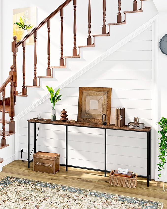 70.9" Narrow Console Table with Power Outlet 7.1" Skinny Sofa Table, Long Behind Couch with Charging Station for Hallway, Living Room Rustic Brown and Black TXG18UBF