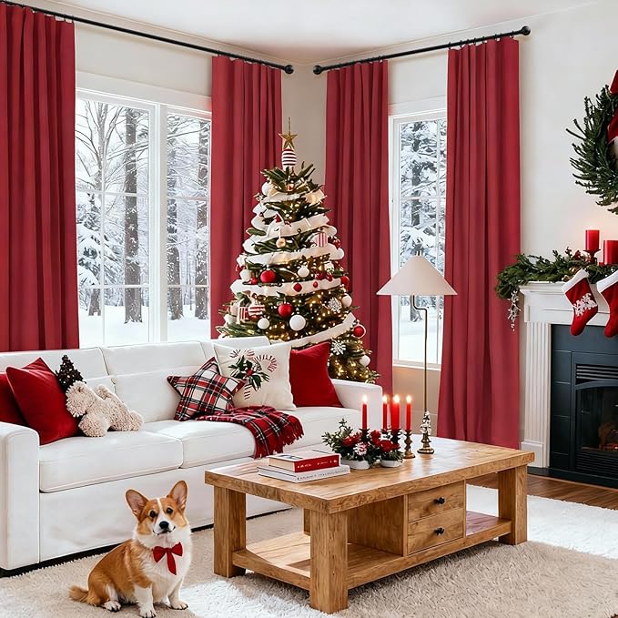INOVADAY 100% Blackout Curtains for Bedroom, Black Out Curtains 102 Inch Long, Clip Rings Linen Blackout Drapes, Thermal Insulated Room Darkening for Living Room, 2 Panels - Ruby Red,W50xL102