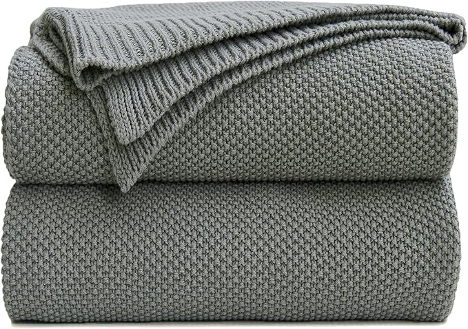 Longhui bedding Medium Grey 100% Cotton Lightweight Cable Knit Throw Blanket for Couch Sofa Bed Home Décor, Bonus Laundering Bag, Gray Color 60“ x 80” Machine Washable