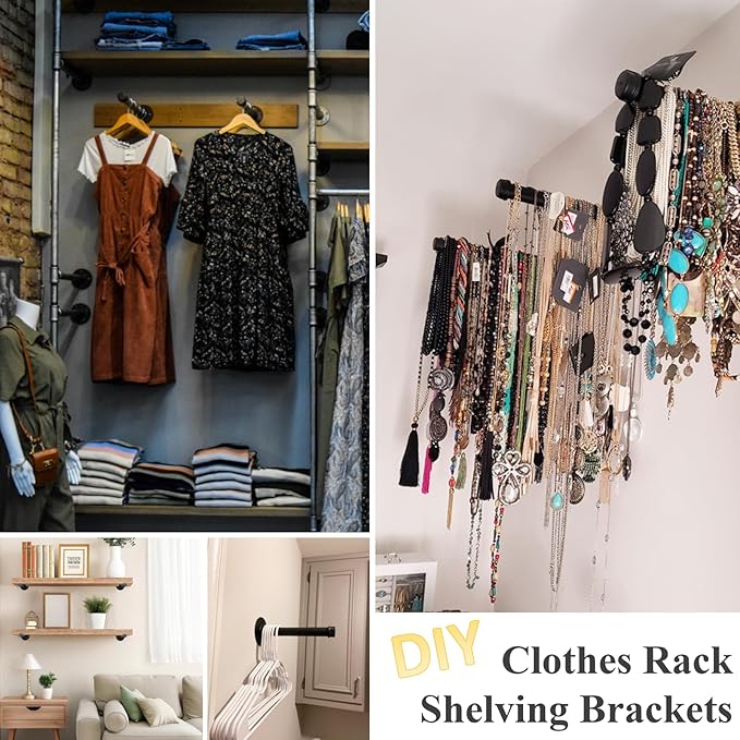 Cast Iron Wall Mounted Clothes Rack, Heavy Duty Industrial Pipe Clothing Rack for Hanging Clothes, Garment Racks for Wardrobe Organizers and Storage, DIY Closet Rods Closet Bar (Black 6 Pack, 8 in)
