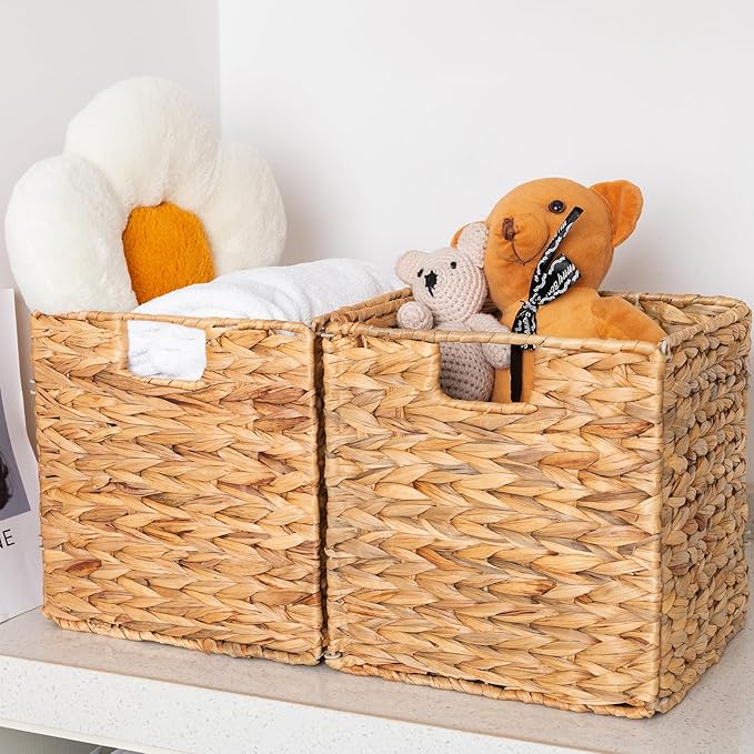 12inch Wicker Storage Cubes, Water Hyacinth Storage Baskets with Handles, Natural Foldable Square Storage Baskets for Shelves, Wardrobes, 2 Pack