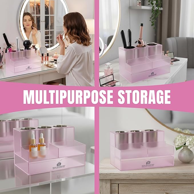 NovaHeavensNest Premium Vanity Hair Tool Organizer Translucent Frozen Acrylic | Large Bathroom Organizer Countertop & Drawer Storage for Hair Tools | Slip-Resistant Hairdryer & Curling Iron Holder