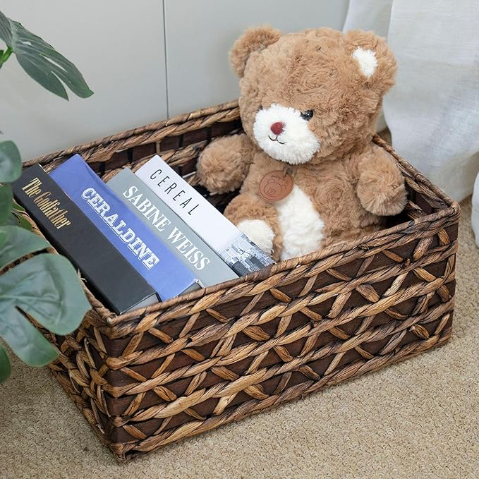 Rectangular Wicker Storage Basket with Iron Structure & Wood Accents, 15.75×11.42×7.09 Inches, Perfect for Home Organization