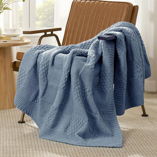 Amélie Home Checkered Chenille Knit Throw Blanket for Couch, Classic Texture Decorative Soft Blanket for Sofa, Chair & Bedroom, 50"x60", Washing Blue