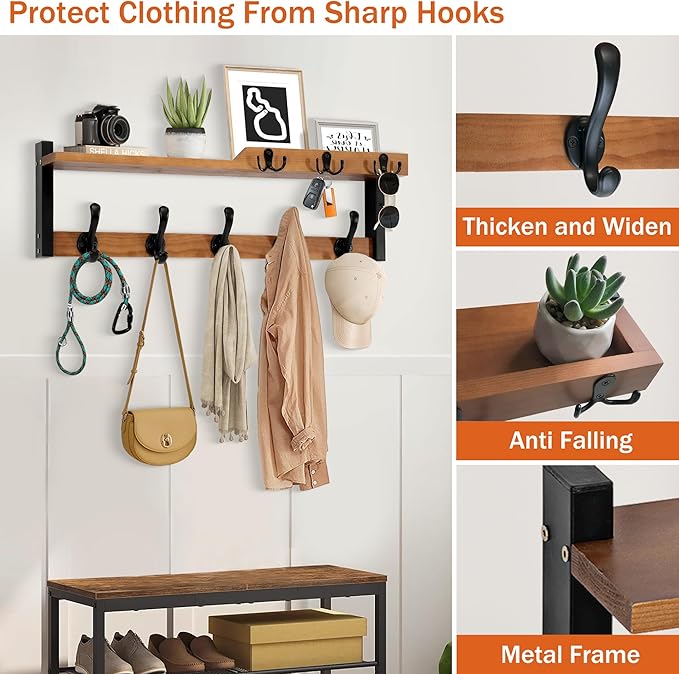 4 in 1 Coat Rack Wall Mount with Shelf, Coat Hooks 25.2" Entryway Coat Hanger with Key Hooks and Mail Holder, Wall Hooks with Shelf, Hat Rack for Wall Key Holder Mail Organizer