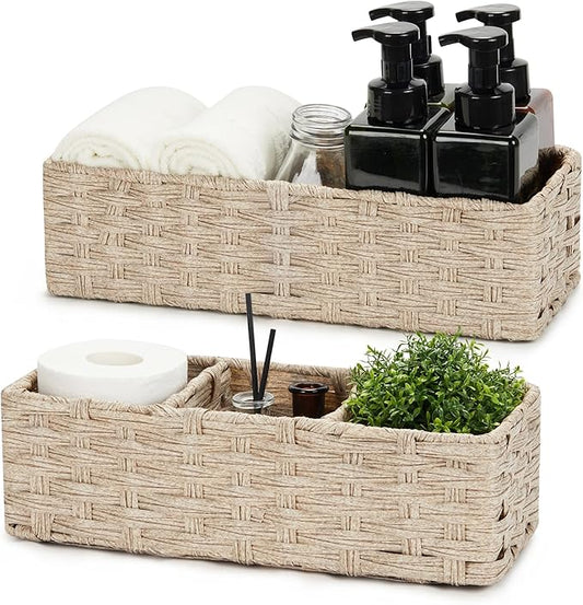 Bidtakay Long Narrow Wicker Baskets Toilet Paper Basket for Shelves 2-Pack Waterproof Imitation Small Wicker Storage Bins for Washroom Closet Boho Decor Baskets for Organizing Grayish Beige