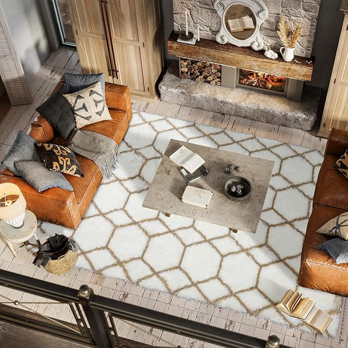 ONASAR Area Rugs for Bedroom Living Room, Fluffy 4x6 White and Beige Throw Rug, Geometric Boho Shaggy Soft Plush Indoor Floor Carpet for Nursery Kids Girls Boys Teen Dorm Home Decor Aesthetic