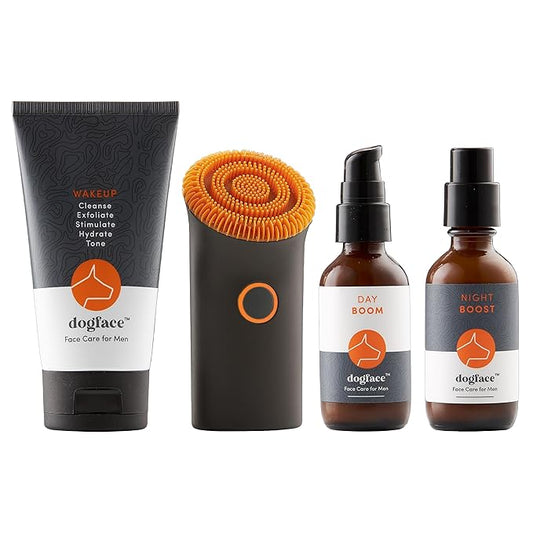 Dogface Deluxe Kit – Men’s Red Light Facial Brush with Silicone Bristles, Hyaluronic Acid, Retinol Night Serum, Technobrush, Wakeup Gel, Day Boom, Night Boost - Free Shower Caddy