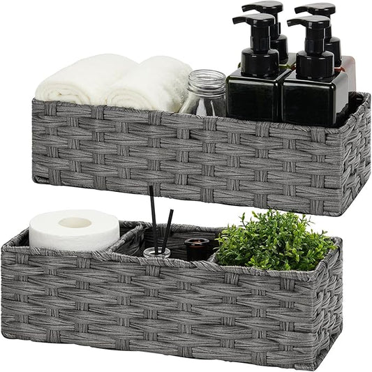 Bidtakay Narrow Wicker Bins for Organizing 2-Pack Dark Grey Decorative Baskets for Washroom Organizer Waterproof Imitation Small Wicker Storage Baskets for Shlef Closet Bedroom Entryway Office Desk