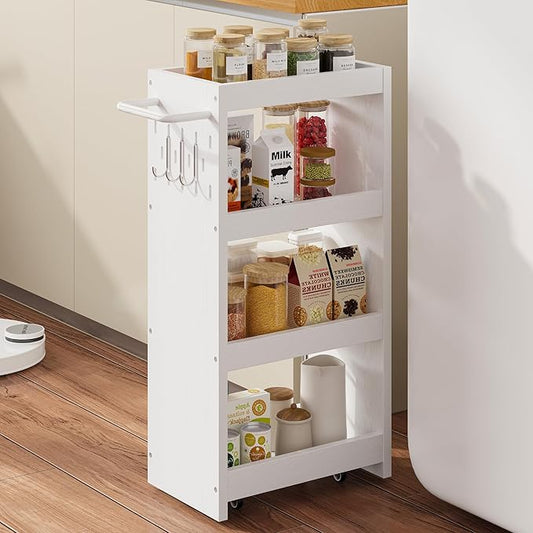 LIKIMIO 4 Tier Slim Storage Cart with Hooks, Wheels, Handle, Slide-Out Rolling Utility Cart for Small Spaces Kitchen, Narrow Mobile Shelving Unit Organizer Trolley, 15.7" L x 9.4" W