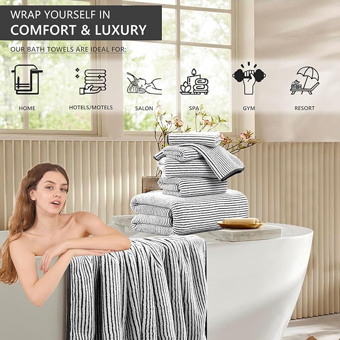 8-Piece Premium Towel Set for Bathroom|2 Oversized Large Bath Sheet 35”x70”,2 Hand Towels,4 Washcloths|Soft Cozy Absorbent Fast Dry Polyester Shower Towel Set for Hotel Bathroom Essentials,Black White