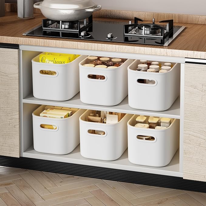 12 Pack White Plastic Storage Bins, Storage Container for Organizing, Storage Boxes with Handle for Shelves, Cute Organizer Bins for Craft, Snacks, Pantry, Cabinet, 9.69x6.7x5.7 inch