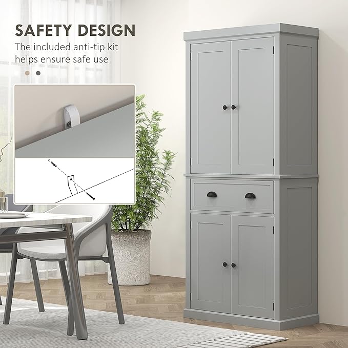 HOMCOM 72.5" Kitchen Pantry Cabinet, Traditional Freestanding Storage Cabinet with 4 Doors, Drawer and 3 Adjustable Shelves for Dining Room, Gray
